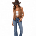 Gilet western femme ouvert avec rivets et franges camel (3)