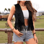Gilet western noir à franges et lacets (1)