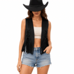 Gilet western noir à franges et lacets (4)