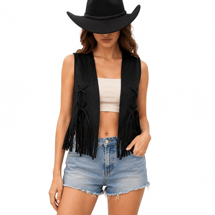 Gilet western noir à franges et lacets (4)