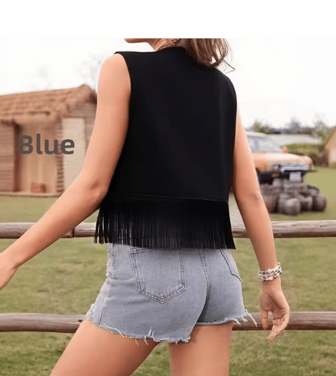 Gilet western noir à franges et lacets (5)