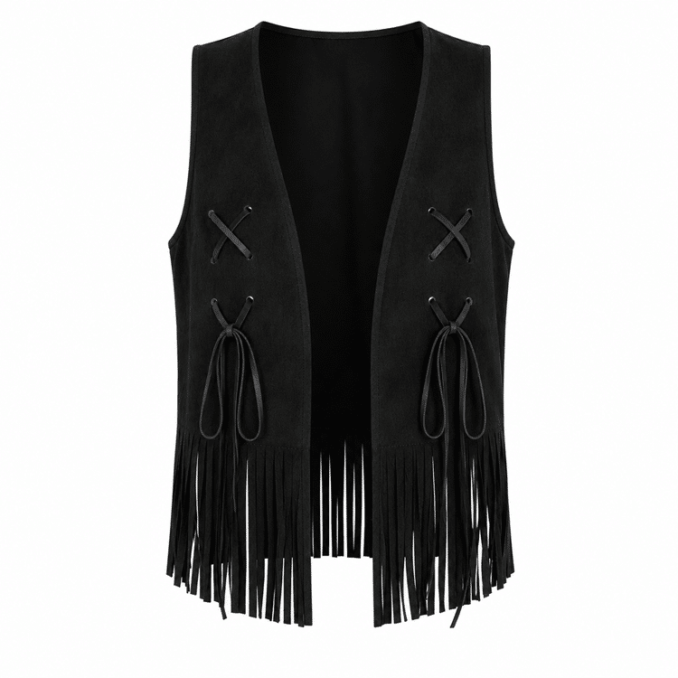 Gilet western noir à franges et lacets (6)