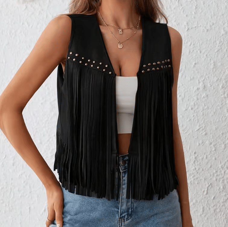 Gilet western noir franges et rivets (3)