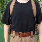 Holster d’épaule marron réglable toile et cuir porte chargeurs (4)