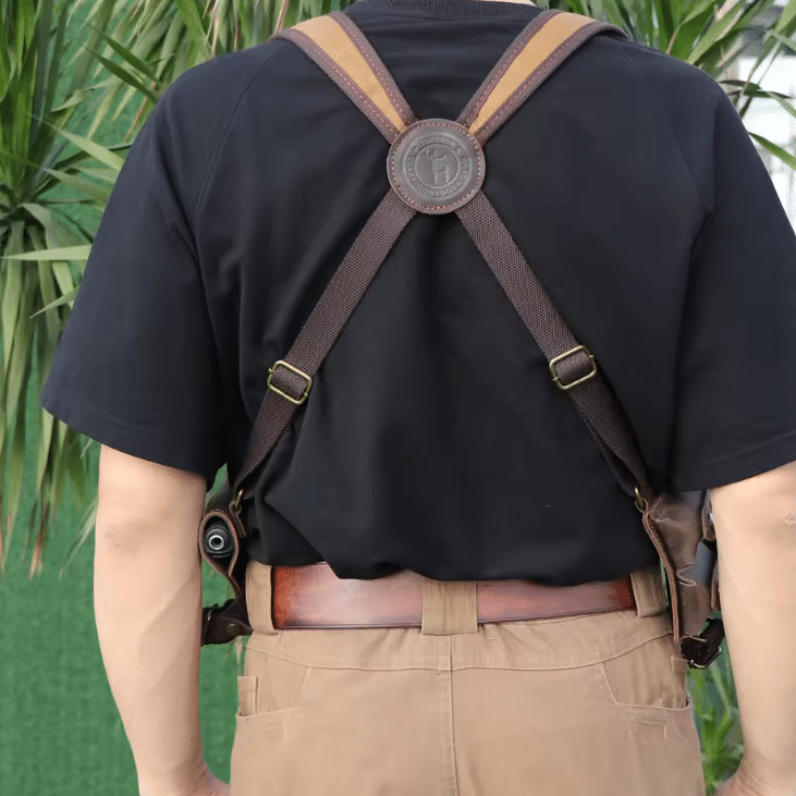 Holster d’épaule marron réglable toile et cuir porte chargeurs (5)