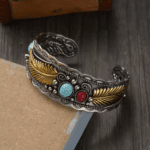 Jonc vintage ouvert plumes pierres (1)