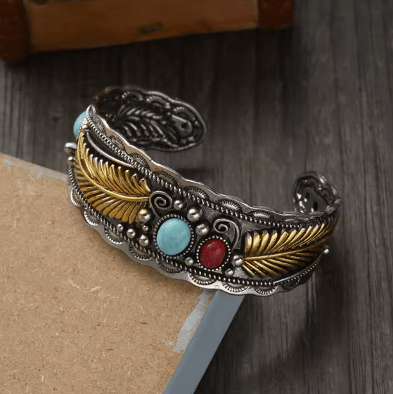 Jonc vintage ouvert plumes pierres (1)