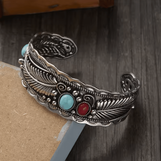 Jonc vintage ouvert plumes pierres (2)
