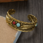 Jonc vintage ouvert plumes pierres (3)