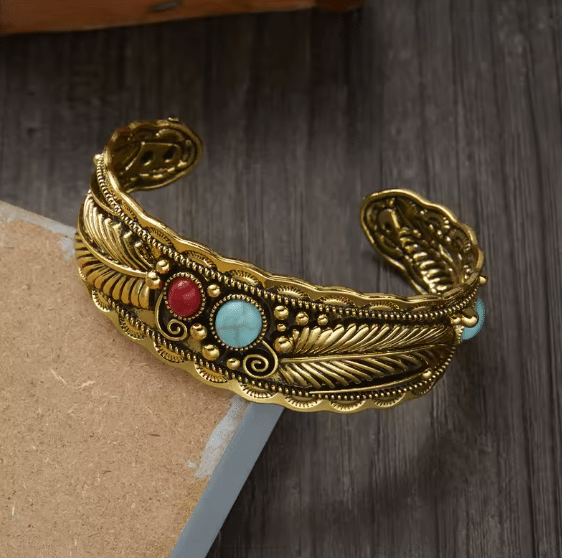 Jonc vintage ouvert plumes pierres (3)