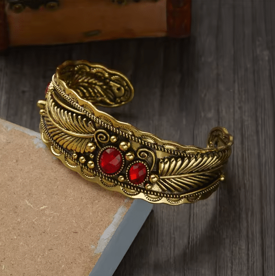 Jonc vintage ouvert plumes pierres (4)