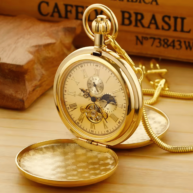 Montre à gousset mécanique apparente dorée vintage (3)