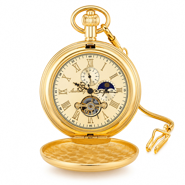 Montre à gousset mécanique apparente dorée vintage (6)