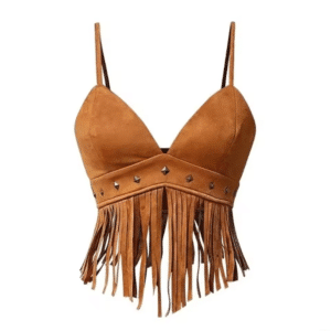 Top western femme camel à franges aspect daim