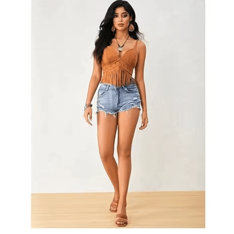 Top western femme camel à franges aspect daim (3)