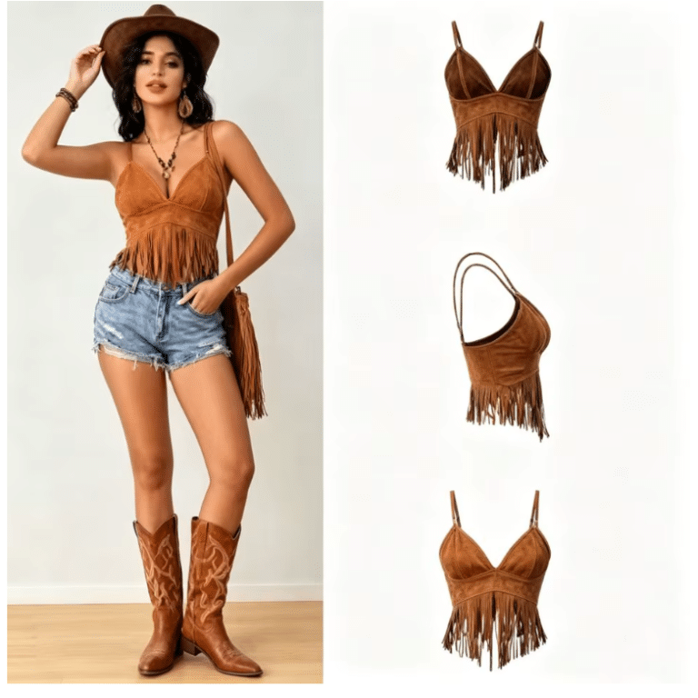 Top western femme camel à franges aspect daim (4)