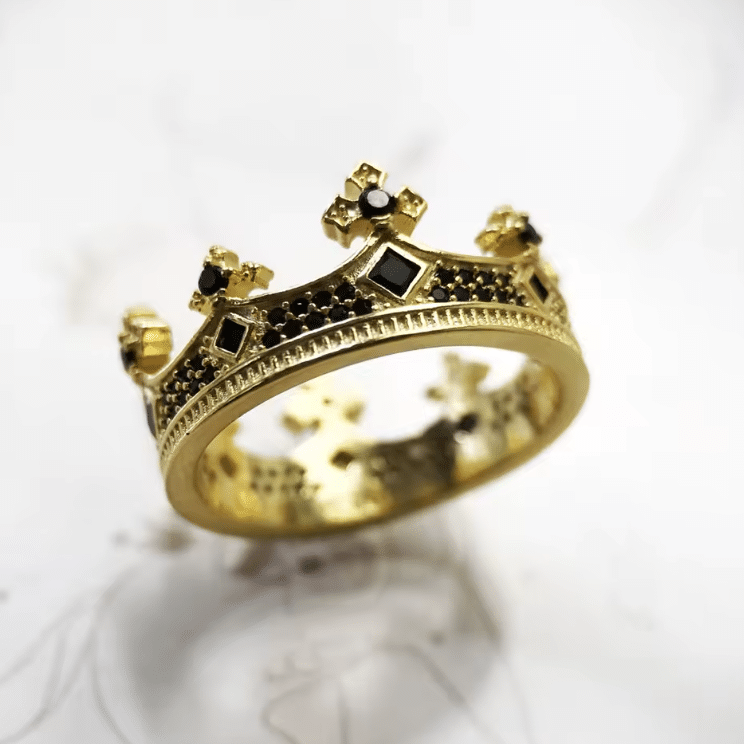 Bague couronne en argent finition dorée zirconium noir (4)