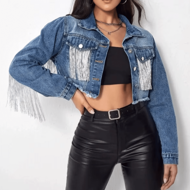 Blouson court cowgirl bleu franges rodeo (1)