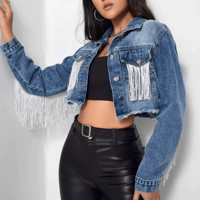 Blouson court cowgirl bleu franges rodeo (4)