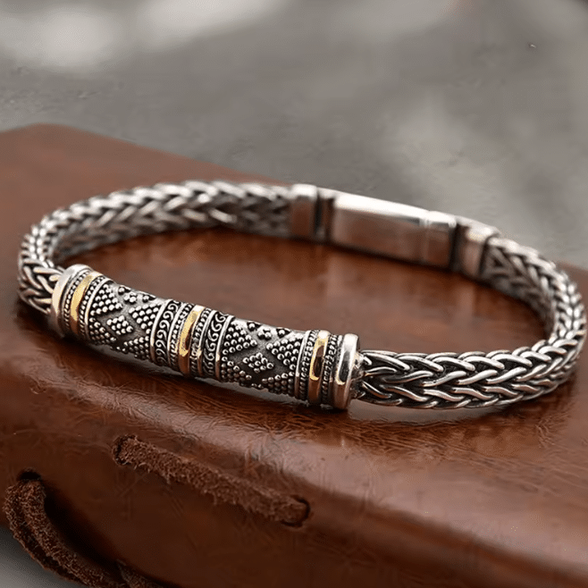 Bracelet homme maille tressée argentée gravé dorés (1)