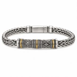 Bracelet homme maille tressée argentée gravé dorés
