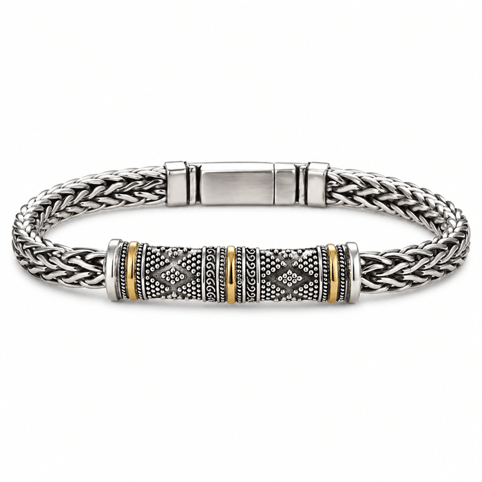 Bracelet homme maille tressée argentée gravé dorés (2)