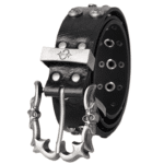 Ceinture biker noire grosse boucle argentée œillets métalliques (1)