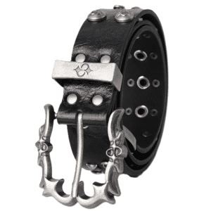 Ceinture biker noire grosse boucle argentée œillets métalliques