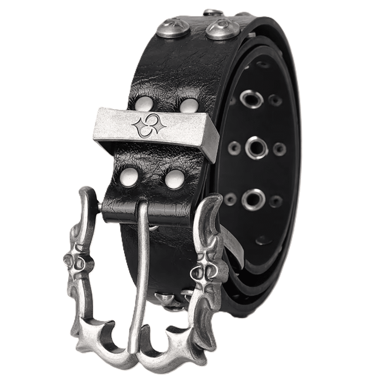 Ceinture biker noire grosse boucle argentée œillets métalliques (1)
