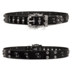 Ceinture biker noire grosse boucle argentée œillets métalliques (2)