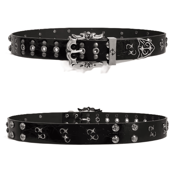 Ceinture biker noire grosse boucle argentée œillets métalliques (2)