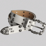 Ceinture biker noire grosse boucle argentée œillets métalliques (3)
