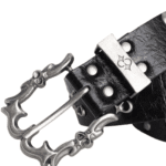 Ceinture biker noire grosse boucle argentée œillets métalliques (4)