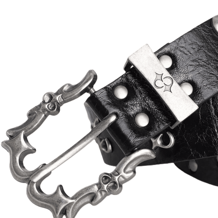 Ceinture biker noire grosse boucle argentée œillets métalliques (4)