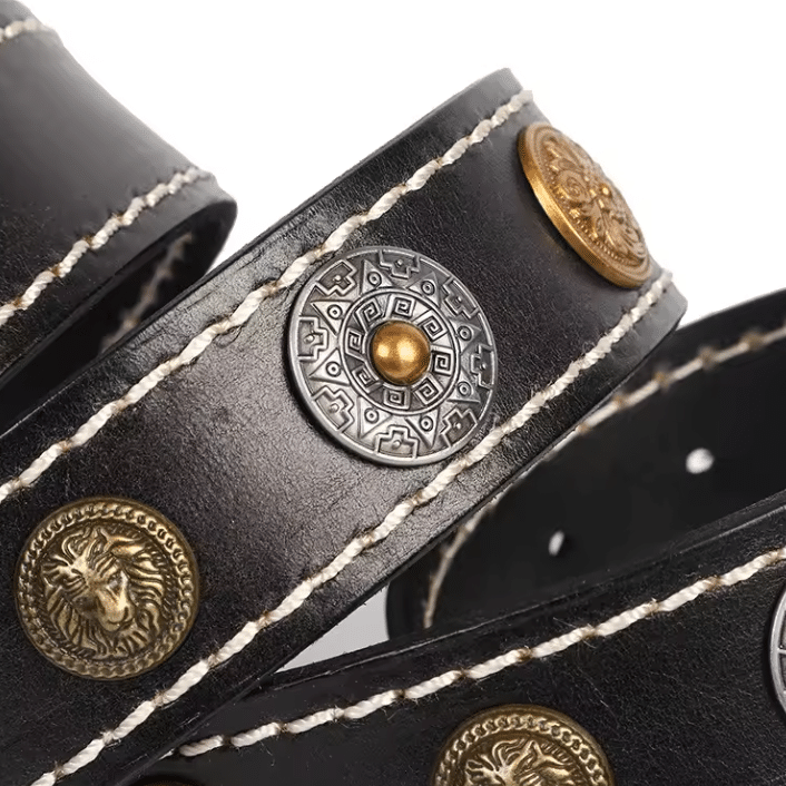 Ceinture cowboy cuir à surpiqûres contrastées et conchos vintage (2)