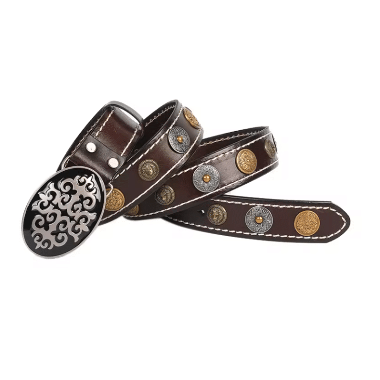 Ceinture cowboy cuir à surpiqûres contrastées et conchos vintage (4)