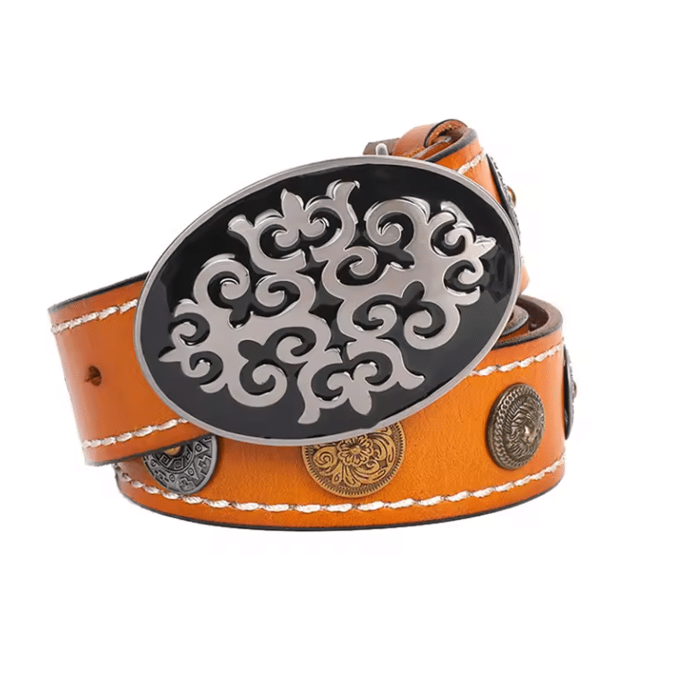 Ceinture cowboy cuir à surpiqûres contrastées et conchos vintage (5)
