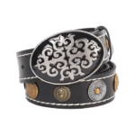 Ceinture cowboy cuir à surpiqûres contrastées et conchos vintage (6)