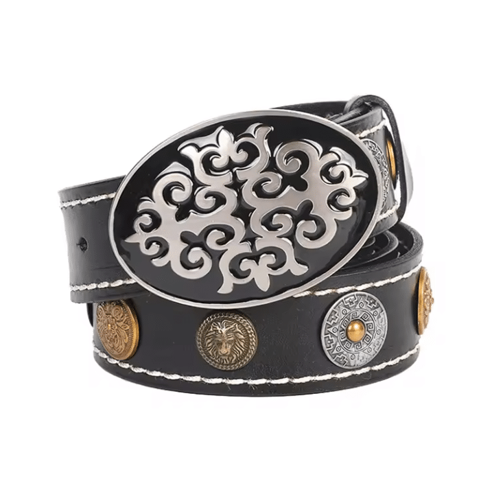 Ceinture cowboy cuir à surpiqûres contrastées et conchos vintage (6)