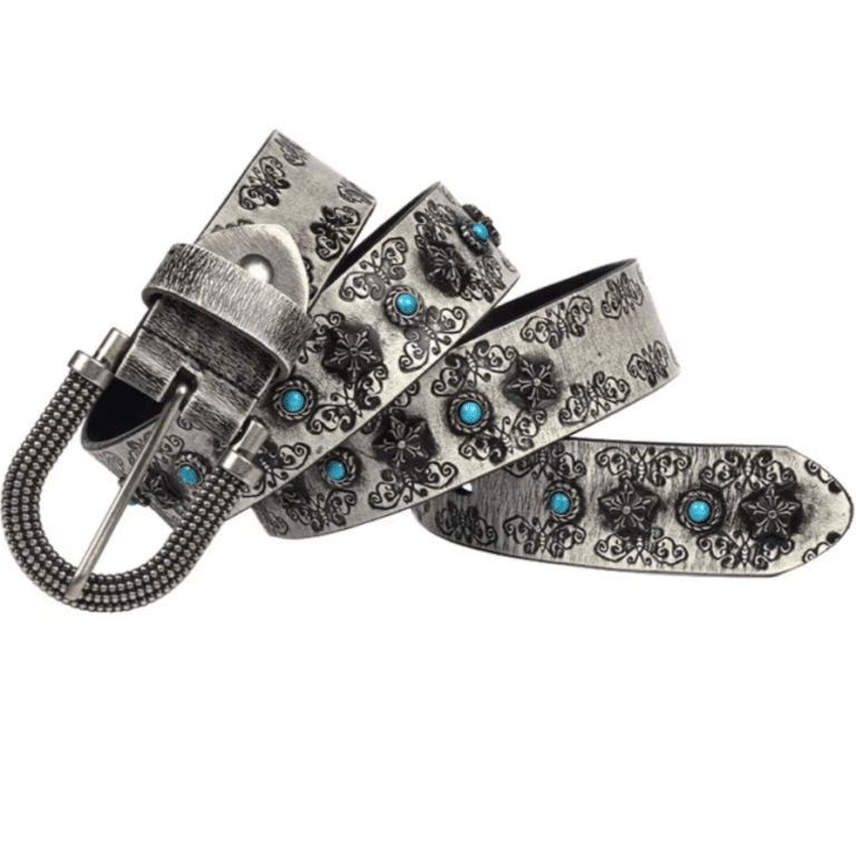 Ceinture cowboy cuir argent vieilli et pierres turquoise (1)