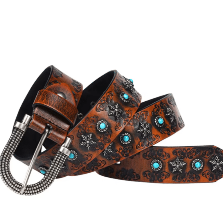 Ceinture cowboy cuir argent vieilli et pierres turquoise (2)