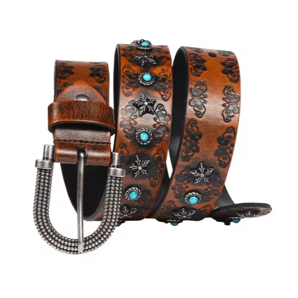 Ceinture cowboy cuir argent vieilli et pierres turquoise (4)