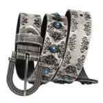 Ceinture cowboy cuir argent vieilli et pierres turquoise (5)