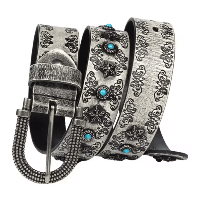 Ceinture cowboy cuir argent vieilli et pierres turquoise (5)