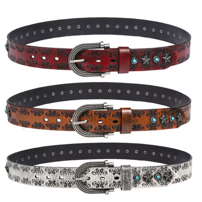 Ceinture cowboy cuir argent vieilli et pierres turquoise (6)