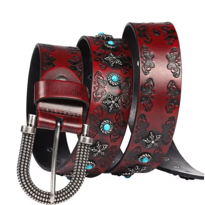 Ceinture cowboy cuir argent vieilli et pierres turquoise (7)