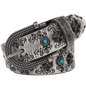 Ceinture cowboy cuir argent vieilli et pierres turquoise