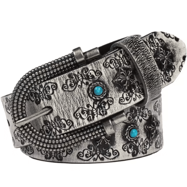 Ceinture cowboy cuir argent vieilli et pierres turquoise (8)