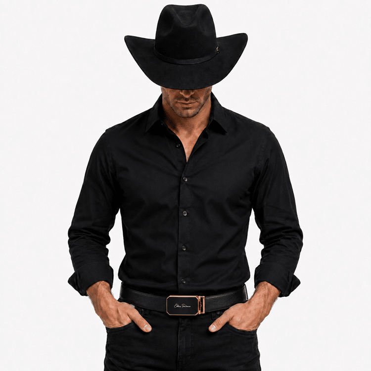 Ceinture cowboy cuir noire boucle automatique dorée (3)