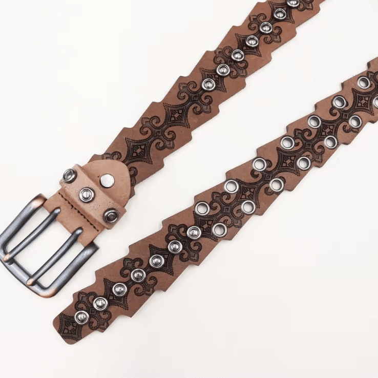 Ceinture cowboy cuir véritable conchos métalliques et bords festonnés (2)